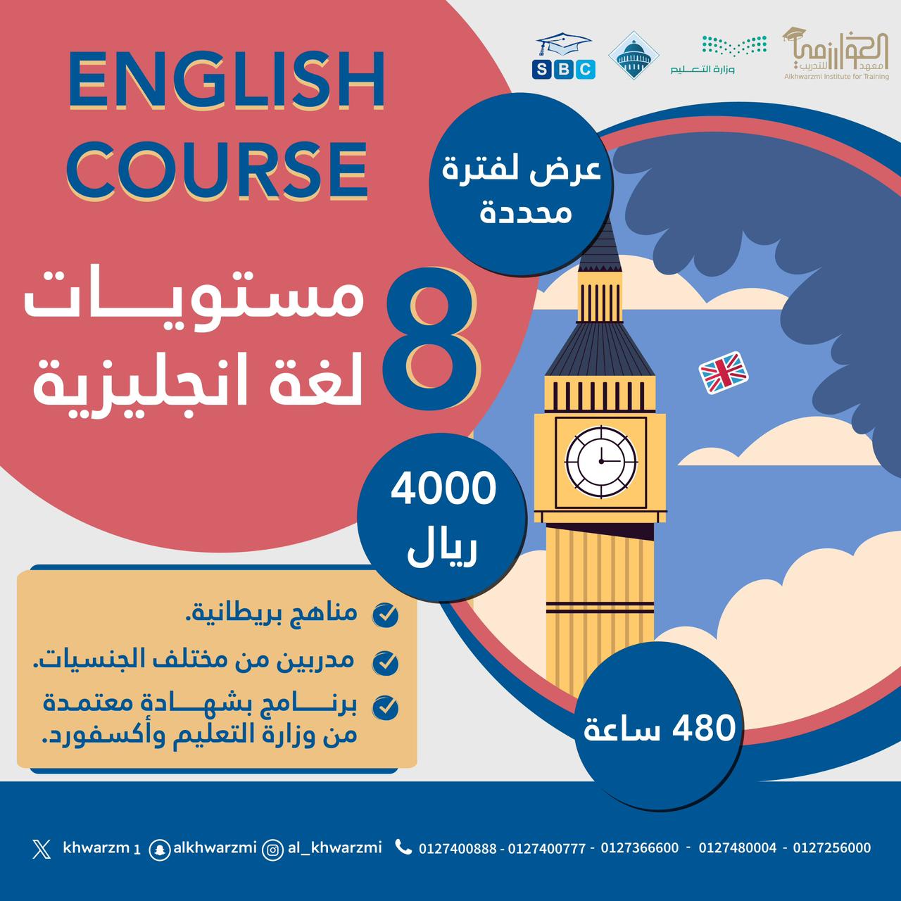 عرض لفترة محددة : 8 مستويات في اللغة الإنجليزية بمعدل 480 ساعة تدريبية